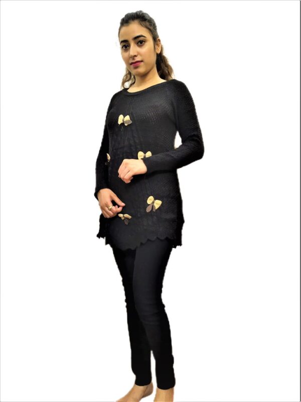 Black Woven Round Neck Casual Regular Sleeve Self Design Women Top