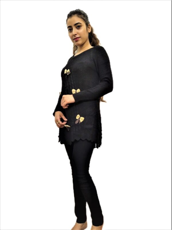 Black Woven Round Neck Casual Regular Sleeve Self Design Women Top - Image 2