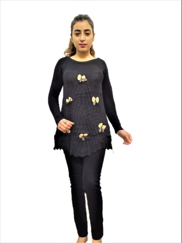 Black Woven Round Neck Casual Regular Sleeve Self Design Women Top - Image 3