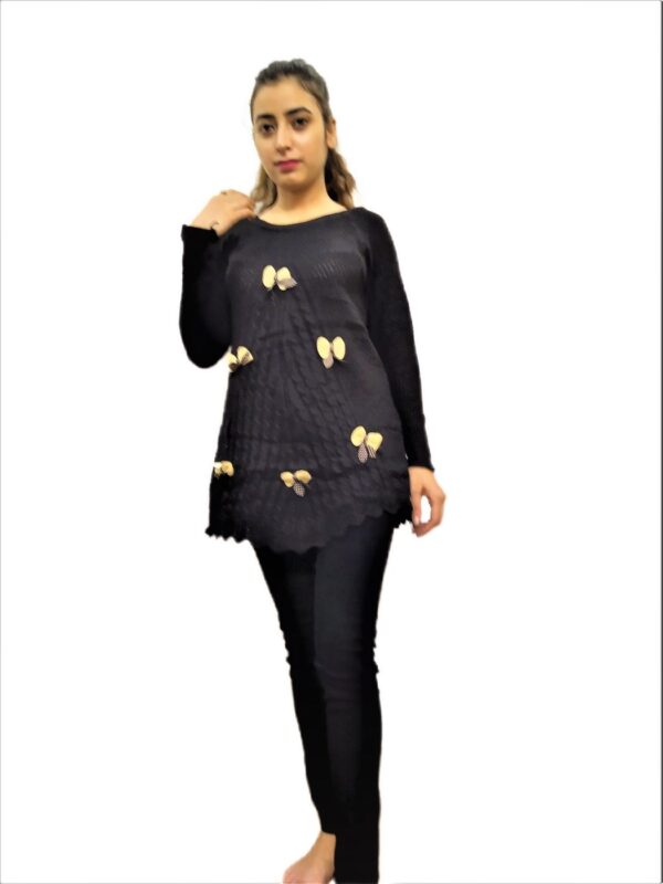 Black Woven Round Neck Casual Regular Sleeve Self Design Women Top - Image 6