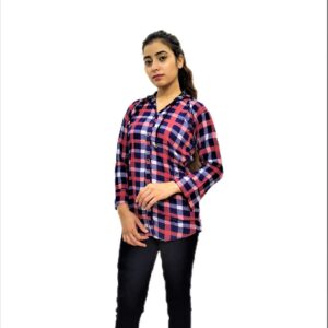Alternative view of Women's Redish Blue Check Button Front 3/4 Sleeve Hooded Sweatshirt