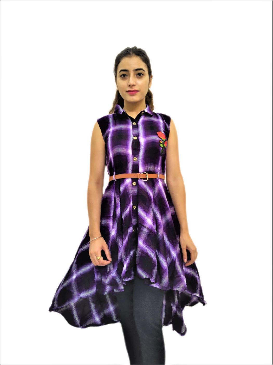 Women's Voilet(Purple) Check Midi Dress
