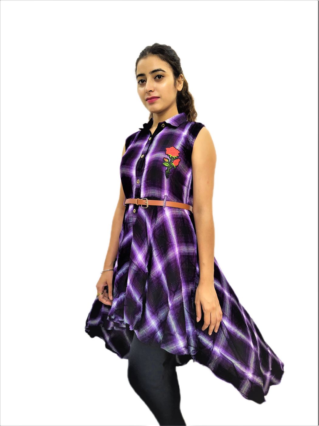 Women's Voilet(Purple) Check Midi Dress - Image 2