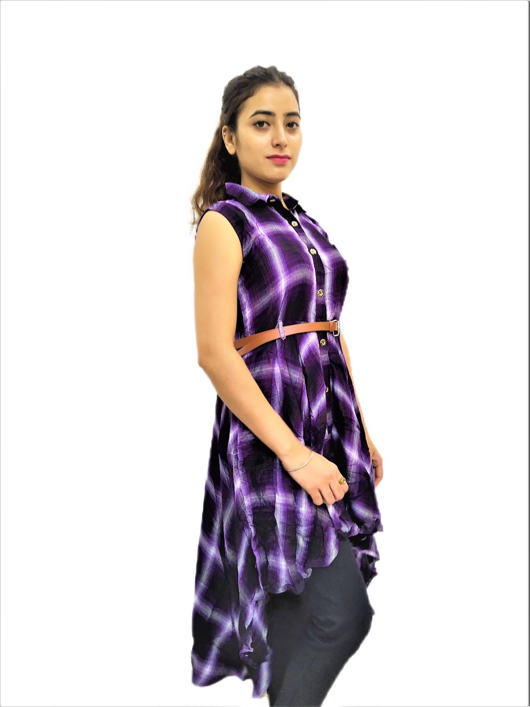Women's Voilet(Purple) Check Midi Dress - Image 3