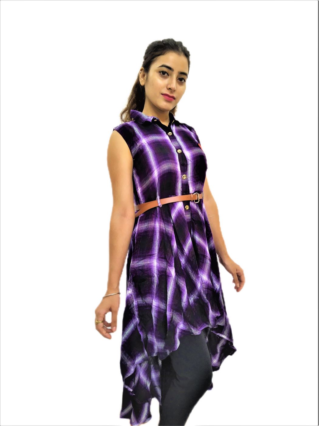 Women's Voilet(Purple) Check Midi Dress - Image 4