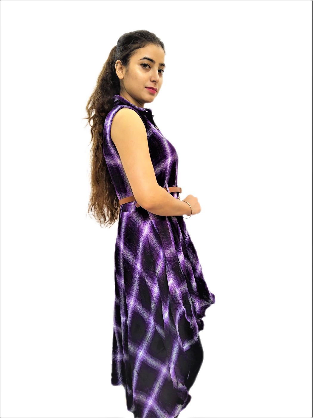Women's Voilet(Purple) Check Midi Dress - Image 7