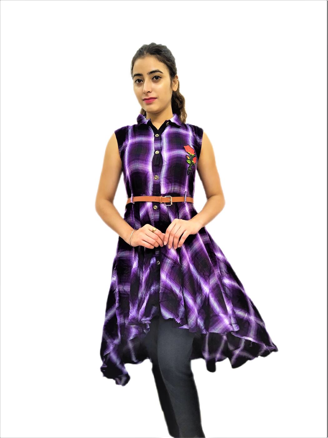 Women's Voilet(Purple) Check Midi Dress - Image 8