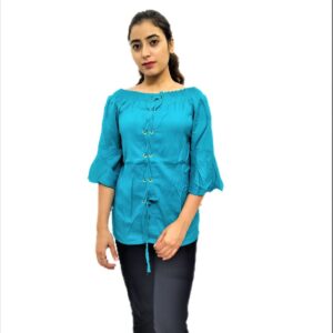 Women's Sky Blue(Firozi) Solid Stretchable Wide Round Neck Regular Wear Top