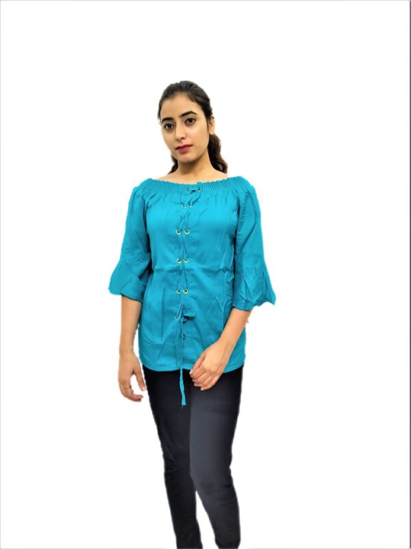Women's Sky Blue(Firozi) Solid Stretchable Wide Round Neck Regular Wear Top