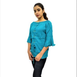 Alternative view of Women's Sky Blue(Firozi) Solid Stretchable Wide Round Neck Regular Wear Top