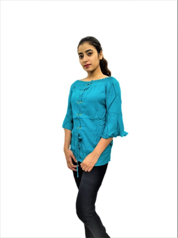 Women's Sky Blue(Firozi) Solid Stretchable Wide Round Neck Regular Wear Top - Image 2