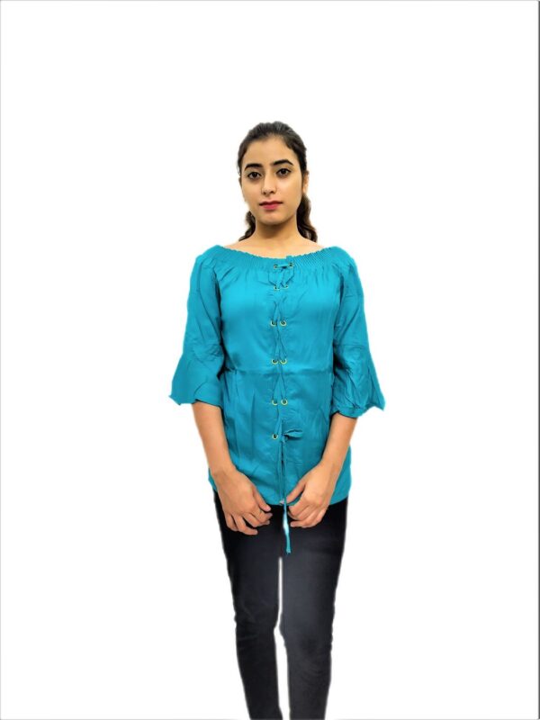 Women's Sky Blue(Firozi) Solid Stretchable Wide Round Neck Regular Wear Top - Image 4