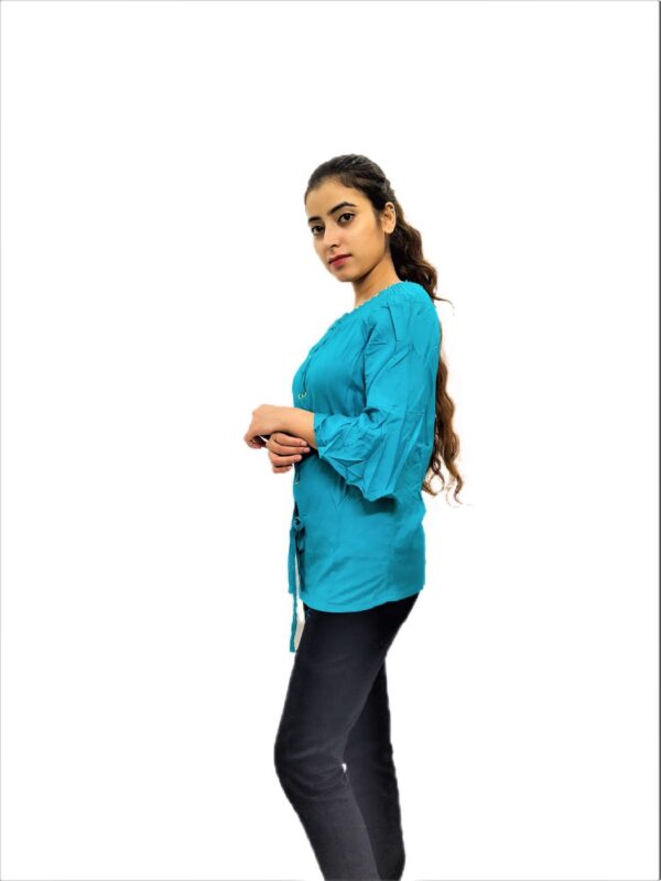 Women's Sky Blue(Firozi) Solid Stretchable Wide Round Neck Regular Wear Top - Image 6