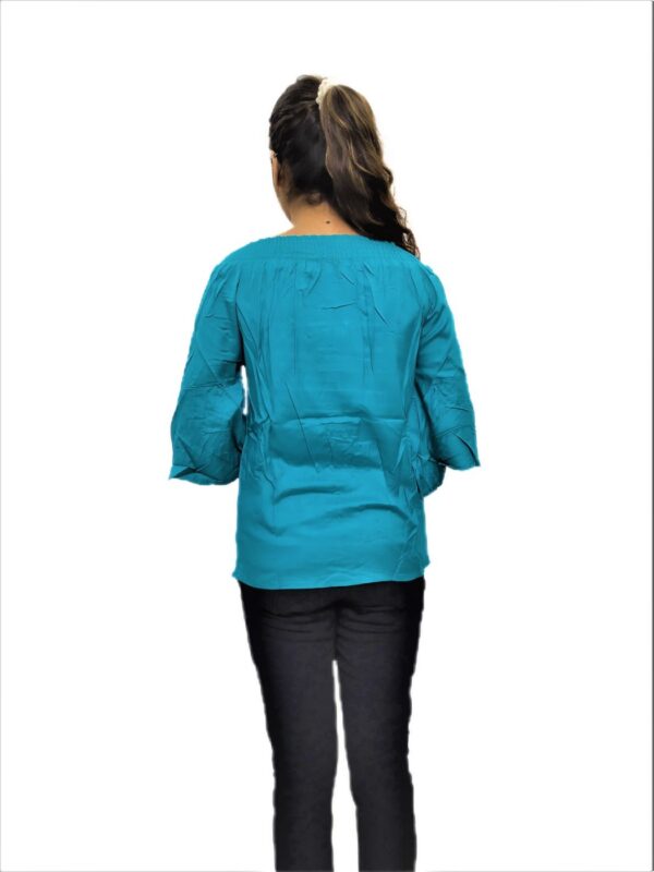 Women's Sky Blue(Firozi) Solid Stretchable Wide Round Neck Regular Wear Top - Image 7