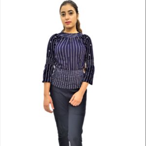 Women’s Blue Elastic Waist Lining Print Design Regular Fit Top