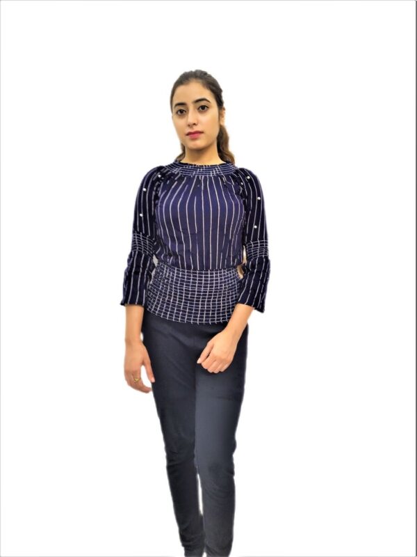 Women’s Blue Elastic Waist Lining Print Design Regular Fit Top