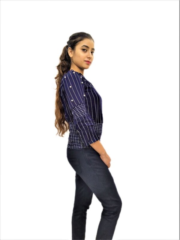 Women’s Blue Elastic Waist Lining Print Design Regular Fit Top - Image 2