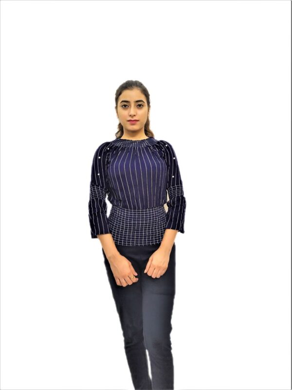Women’s Blue Elastic Waist Lining Print Design Regular Fit Top - Image 3