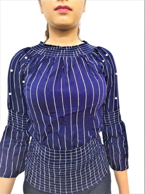 Women’s Blue Elastic Waist Lining Print Design Regular Fit Top - Image 6