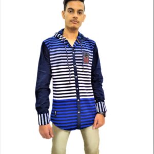 Men's Black Stripe On Blue Base Hooded Soft Denim Shirt