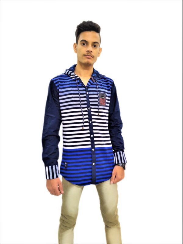 Men's Black Stripe On Blue Base Hooded Soft Denim Shirt