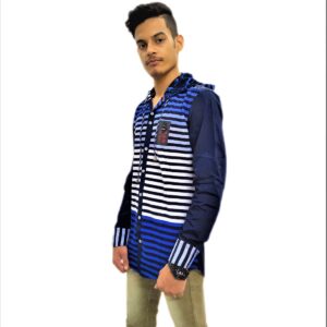 Alternative view of Men's Black Stripe On Blue Base Hooded Soft Denim Shirt
