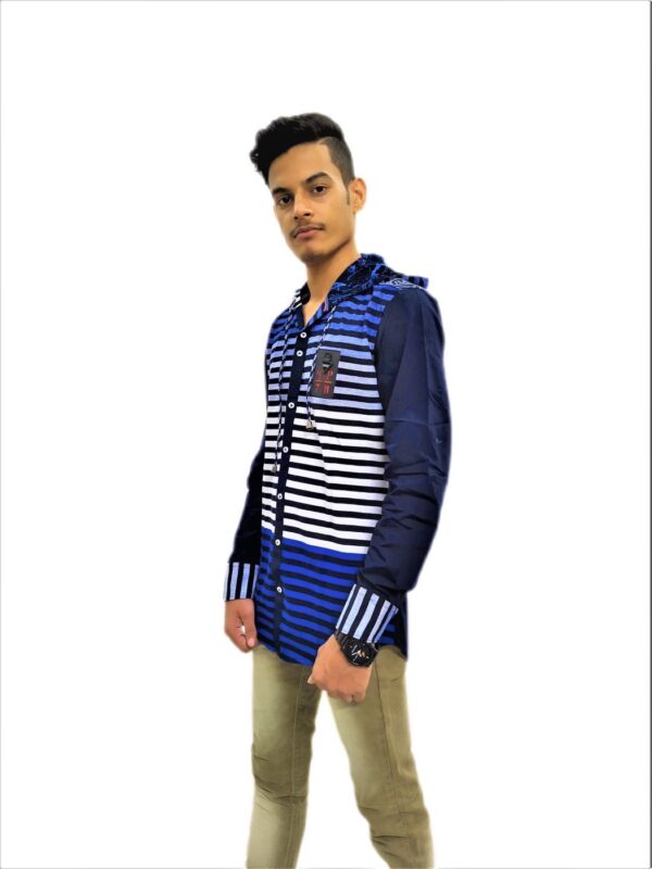 Men's Black Stripe On Blue Base Hooded Soft Denim Shirt - Image 2
