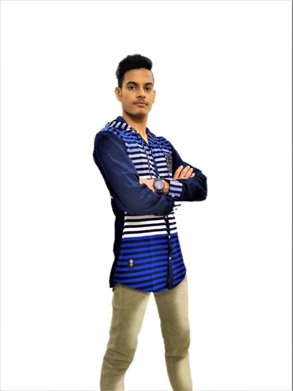 Men's Black Stripe On Blue Base Hooded Soft Denim Shirt - Image 3