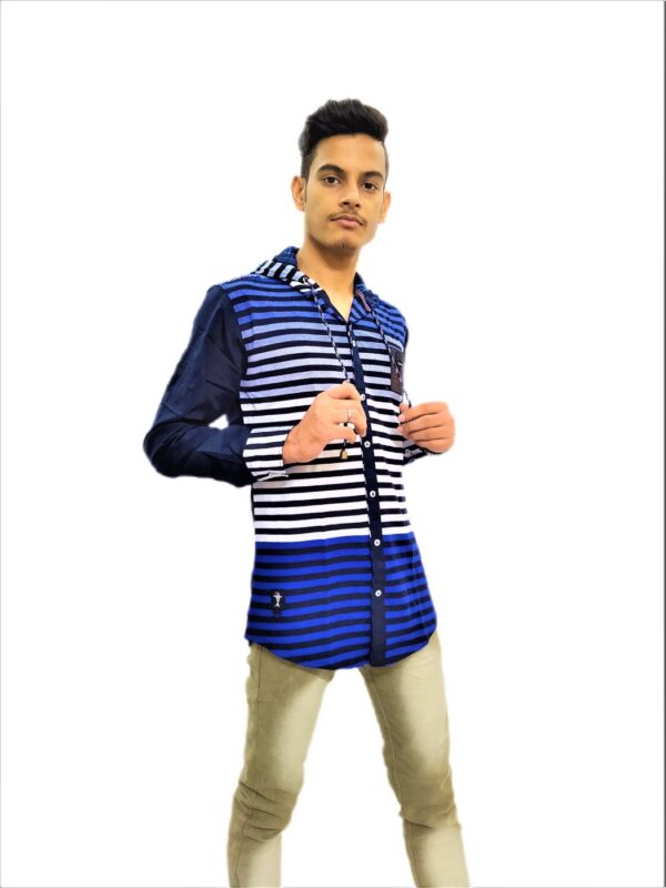 Men's Black Stripe On Blue Base Hooded Soft Denim Shirt - Image 4