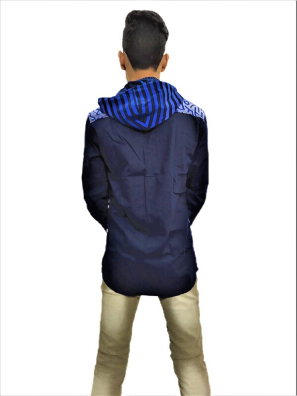 Men's Black Stripe On Blue Base Hooded Soft Denim Shirt - Image 6
