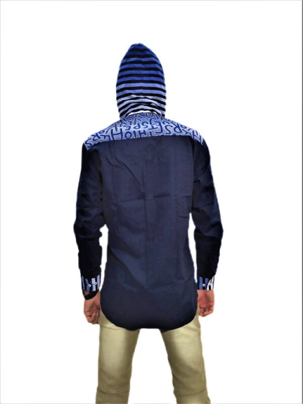 Men's Black Stripe On Blue Base Hooded Soft Denim Shirt - Image 7