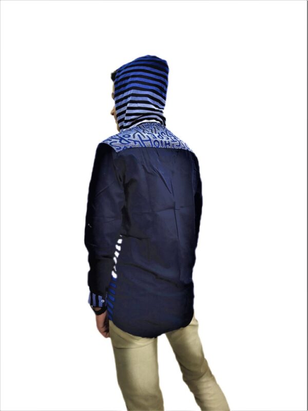 Men's Black Stripe On Blue Base Hooded Soft Denim Shirt - Image 8