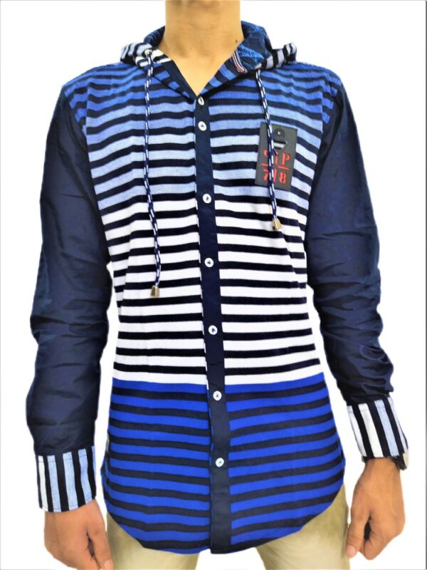 Men's Black Stripe On Blue Base Hooded Soft Denim Shirt - Image 10