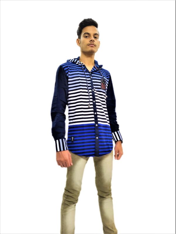 Men's Black Stripe On Blue Base Hooded Soft Denim Shirt - Image 11