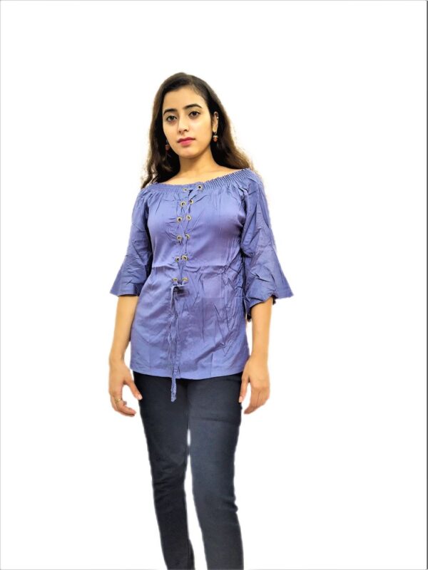 Women's Navy Blue Solid Stretchable Wide Round Neck Regular Wear Top