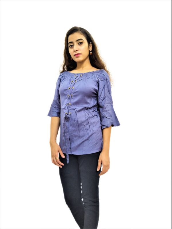 Women's Navy Blue Solid Stretchable Wide Round Neck Regular Wear Top - Image 2
