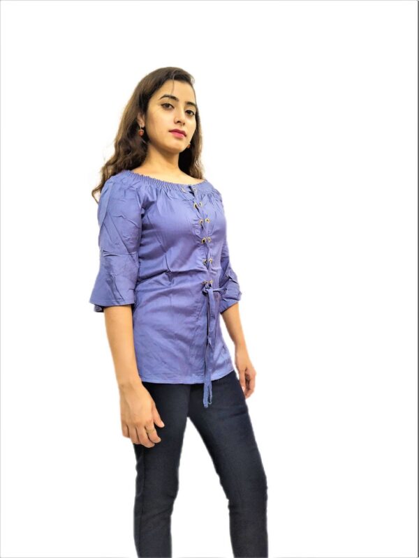 Women's Navy Blue Solid Stretchable Wide Round Neck Regular Wear Top - Image 3