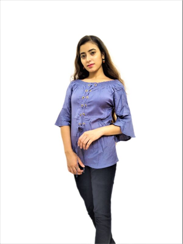 Women's Navy Blue Solid Stretchable Wide Round Neck Regular Wear Top - Image 4