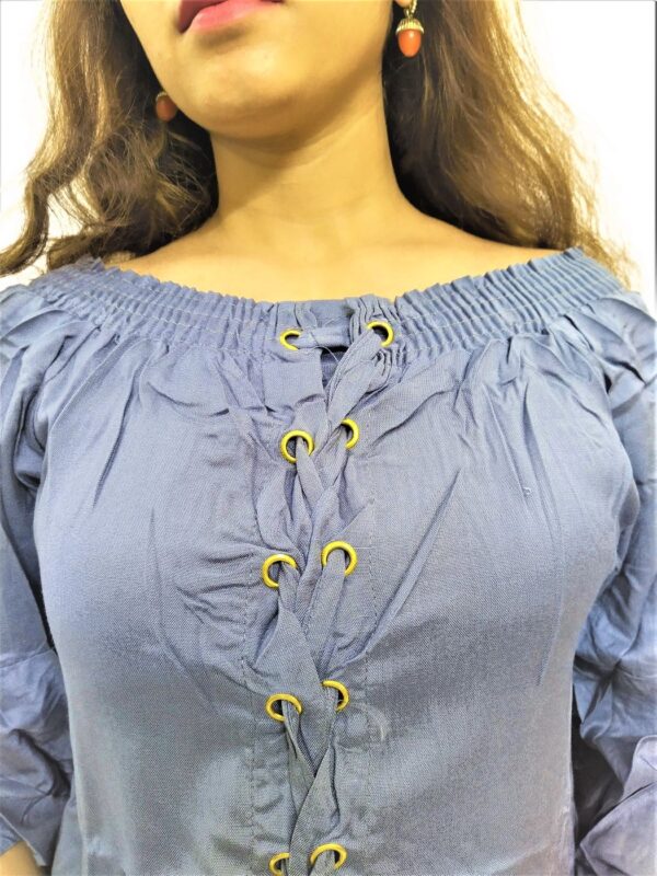 Women's Navy Blue Solid Stretchable Wide Round Neck Regular Wear Top - Image 5