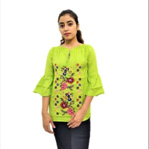 Women's Light Green Rayon Embroidered Regular Fit Top
