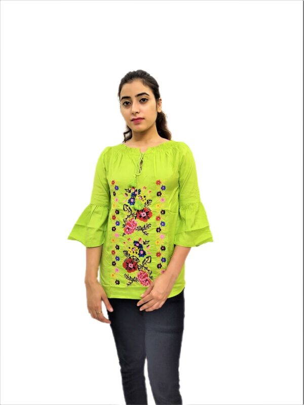 Women's Light Green Rayon Embroidered Regular Fit Top