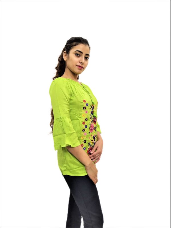 Women's Light Green Rayon Embroidered Regular Fit Top - Image 2