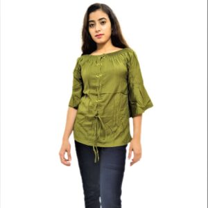 Women's Green (Mehndi) Solid Stretchable Wide Round Neck Regular Wear Top