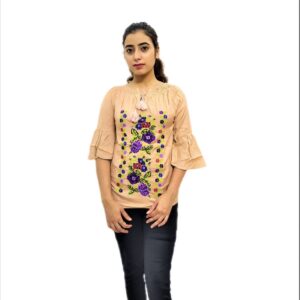 Women's Golden (Peach) Rayon Embroidered Regular Fit Top