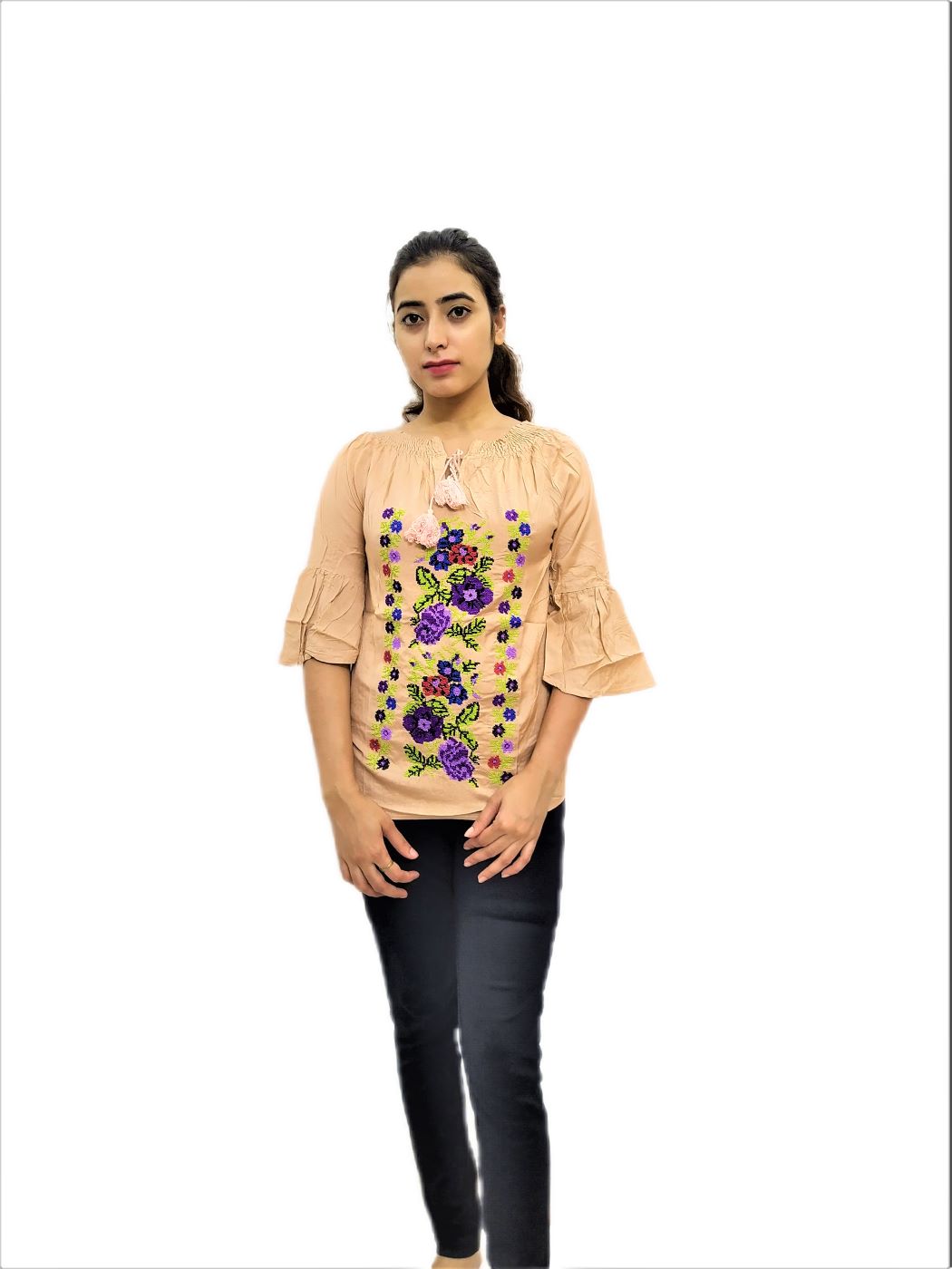 Women's Golden (Peach) Rayon Embroidered Regular Fit Top