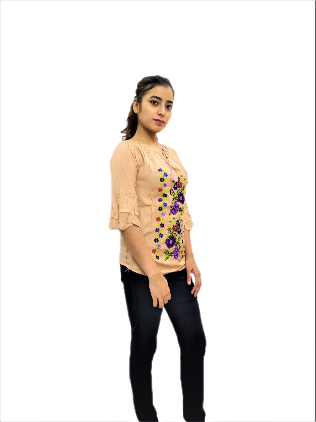 Women's Golden (Peach) Rayon Embroidered Regular Fit Top - Image 2