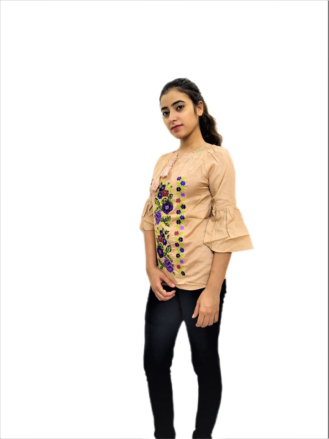 Women's Golden (Peach) Rayon Embroidered Regular Fit Top - Image 3