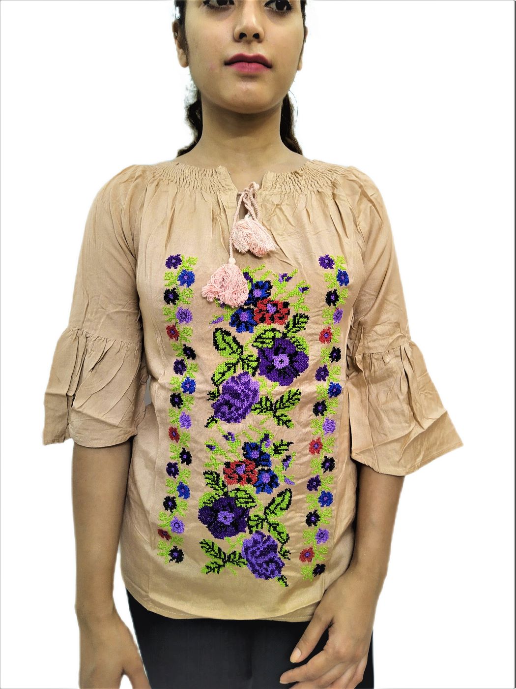 Women's Golden (Peach) Rayon Embroidered Regular Fit Top - Image 7