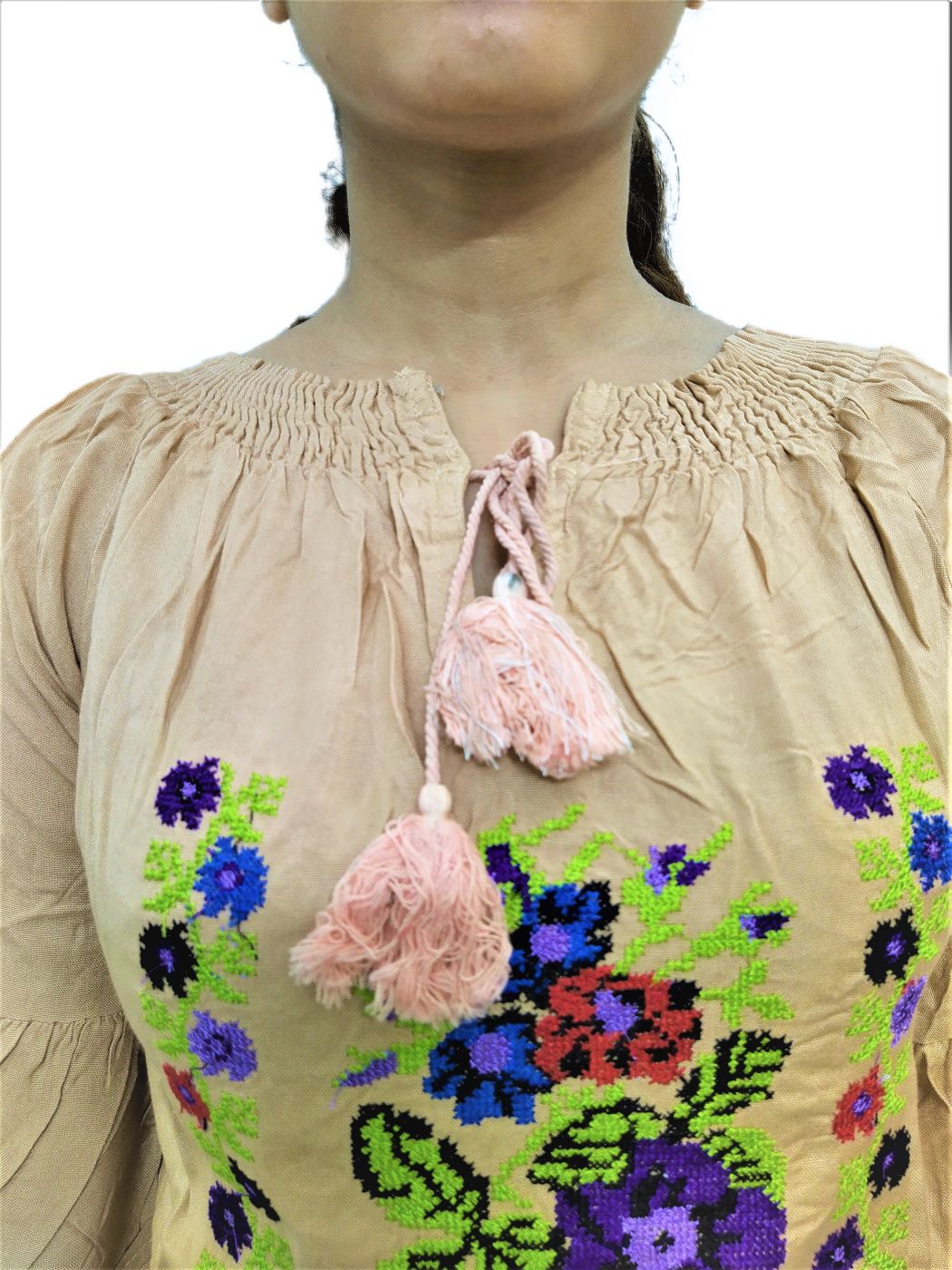 Women's Golden (Peach) Rayon Embroidered Regular Fit Top - Image 8