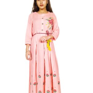 Women's Pink Knee-Length Floral Flared Dress With Floral Tussor Embroidery Design And Waist Tie-up